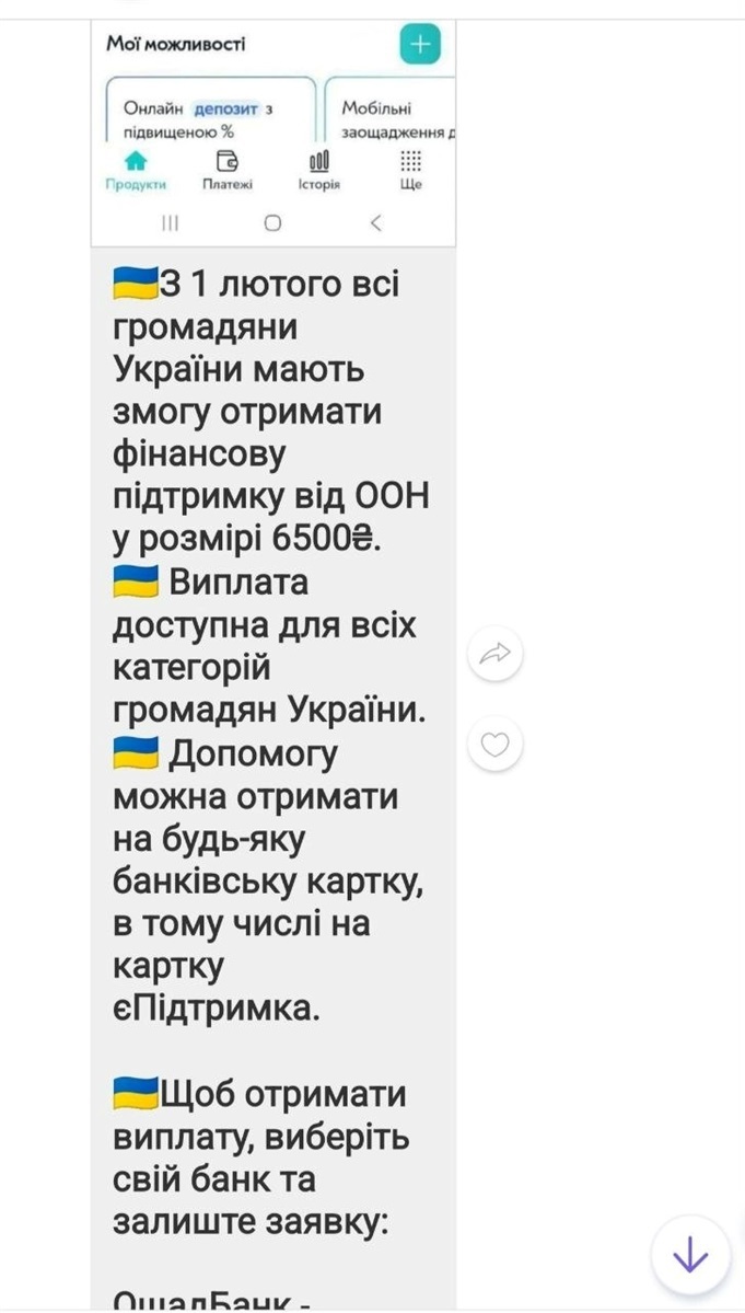 Скрін про повідомлення від шахраїв