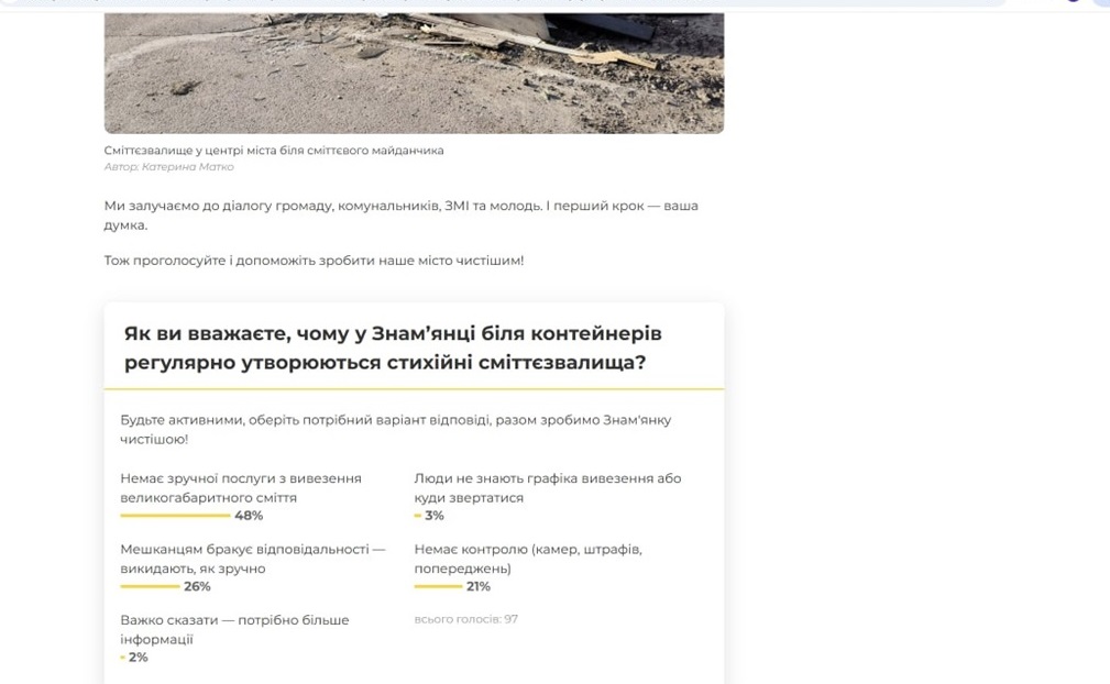 Результати онлан-опитквання "чому у Знам’янці біля контейнерів регулярно утворюються стихійні сміттєзвалища?"